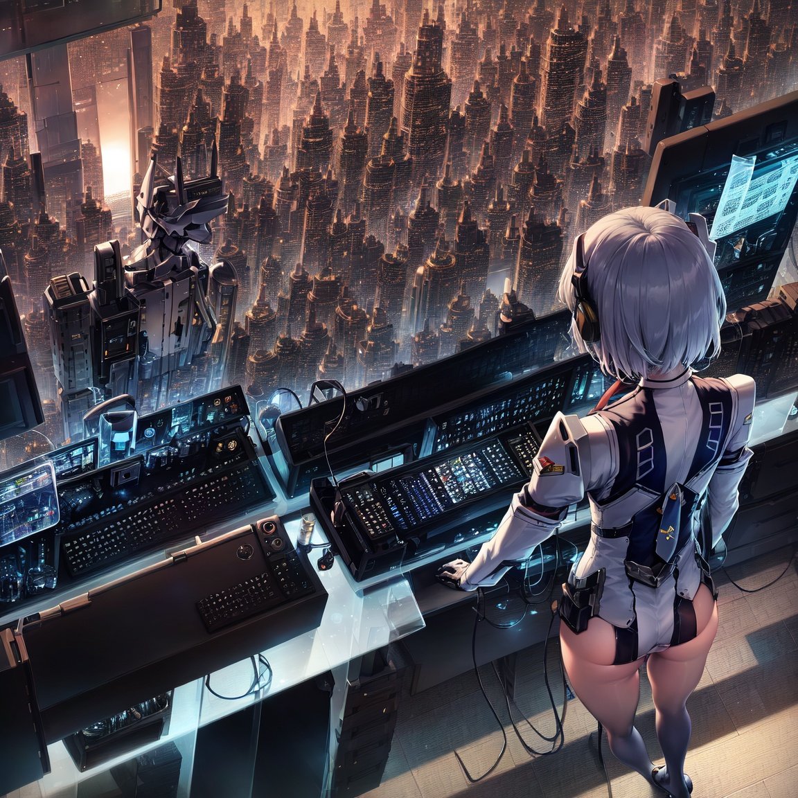 Image of (  from behind above, mecha, , necktie)++++, (1 cute loli)++++, tsurime, jitome, (future computer cityscape)++++, (cropped bangs)----------, (braided bun), (drill hair), (lower bobbed hair)++++, braid, (Twinte), (silver hair)--, (look at viewer)++++, (narrow open mouth smile)++, ((((((((in heat, wide eyes, blush)))))))), (mecha school uniform)+, (blue mecha corset miniskirt)+++++, (((((((((erectile Bare s)++,  , small chest, (Bare )+, , )))))))), ((((see-through, skin-colored )))), (1 cyborg android mecha small chest loli)++++, (masterpiece, (excellent finely detailed, best quality), ultra-detailed), (mecha headphone)++++, (detached sleevs, very wide sleeves)++++++, (stylish angle)++++, (gleaming skin)+++++, glow eye, (eyes highlight)++++, (frills)+++, (choker)+++, ((((black gloves, slobber, material texture)))), (beautiful light effect)+++++++, (beautiful scene)++,