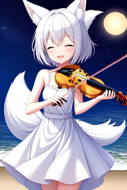 Image of 1girl, short hair, white hair, Light blue eyes, blush, small breast, smile, fox ears, white dress, closed eyes, night, in the beach, playing violin