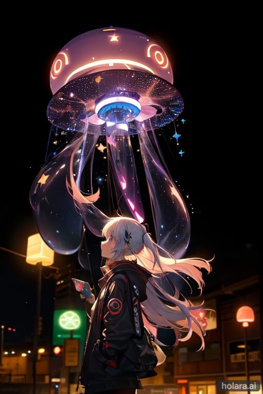 Image of 1girl, looking at sky, neon, flying neon jellyfishes, night, stars