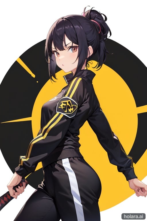 Image of A girl in a black and yellow tracksuit with a katana