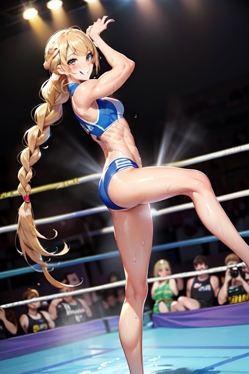 Image of 1girl, blonde, (extremely long hair)+, muscular++, wrestling outfit, skinny+++, (skinny legs)+++, sweaty body+, (french braid)+++, tight braid, swimming, smiling, shiny cloth