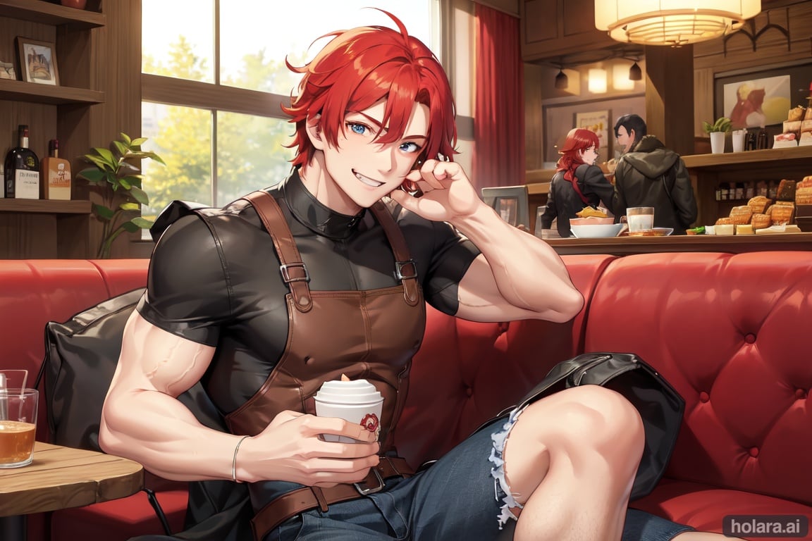 Image of muscular redhead man smiling with fang sitting in a cafe