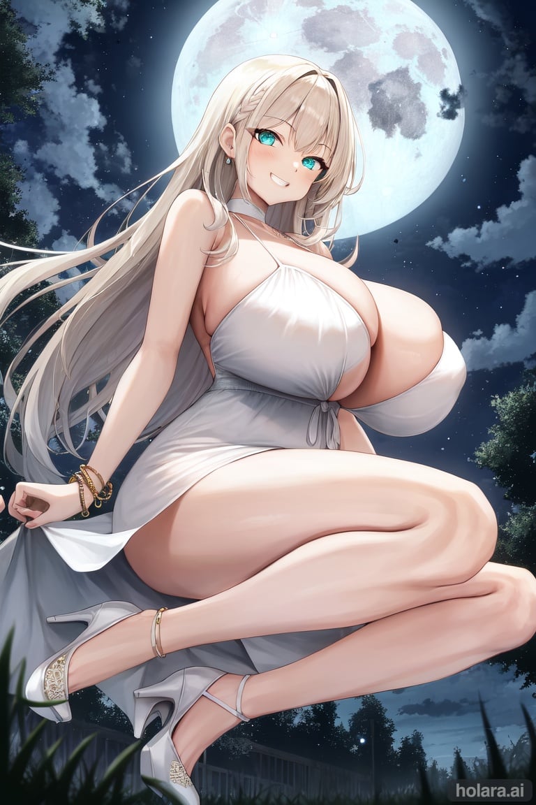 Image of highres, 1girl, long hair, platinum blonde hair, aqua eyes, gigantic breasts+++, sundress, white dress, strappy heels, bracelet, outdoors, night sky, moon, looking at viewer, from below, grin, full body