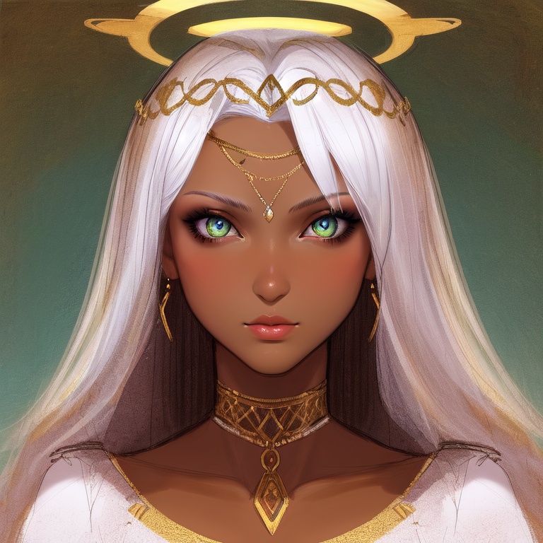 Image of Innocent girl, extremely detailed face, big eyes, thick eyelashes, EGL gothic fashion style, white hair, halo behind head, gold leaf, close up, sketch, by Alexandre Cabanel, by Peter Mohrbacher,DARK SKIN++