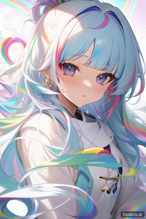 Image of abstraction, magic, elemental, rainbow tones, peekaboo multicolored hair++, white hair, blunt bangs, sky