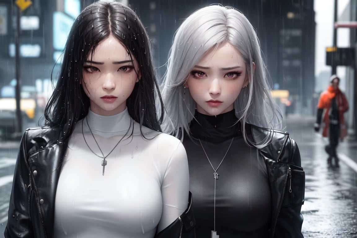 Image of 2 girls , asian , dark hair ,grey hair, long hair ,short hair, serious faces , angry , cyberpunk , street background,duo , black coat ,white shirt, wet coat ,silver necklace+, rain , eyes makeup , masterpiece, super quality, ultra-detailed, ultra-delicate, 8k , unity, super detailed skin,super shiny skin, perfect anatomy