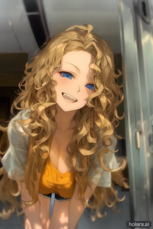 Image of curly hair+++, shorts, long hair, blue eyes, blonde hair, smile, teeth, open mouth