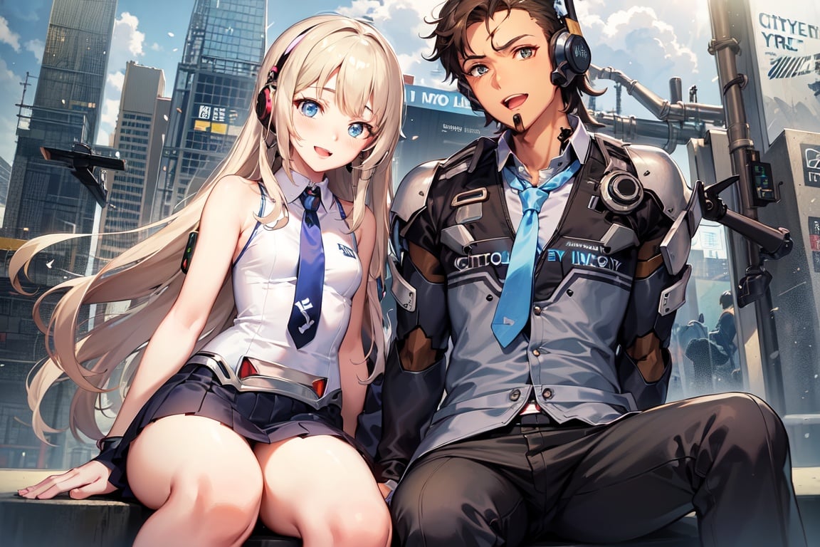 Image of (City street park metro station)++++ (hetero couple)+++, (middle breast)+, (cyborg mecha girl, impossible clothes)++++, (stylish angle)++++, (necktie)+++, jitome, (typography industrial Design headphone)++++,(cute loli)++, (cropped bangs)---, (braided bun)--, (drill hair)--, (lower bobbed hair)++, braid, (Twin tail)+++, (pony tale)+, (look at viewer)+++, ((open mouth)+++ smile Love emotion)+++, (in heat, wide eyes, blush)++, (detached sleevs, very wide sleeves)++++, (mecha school uniform)+, (blue mecha corset pleats miniskirt)++++, (1 cyborg android middle chest loli)++++, (masterpiece, (excellent finely detailed, best quality), ultra-detailed), (stylish angle)+, (gleaming skin)+++++, glow eyes, (eyes highlight)++++, tsurime, (choke barrette beret cuffs)++++, (black gloves, slobber, material texture), (beautiful light effect)+++++, (beautiful scene)+++++＋ nsfw
