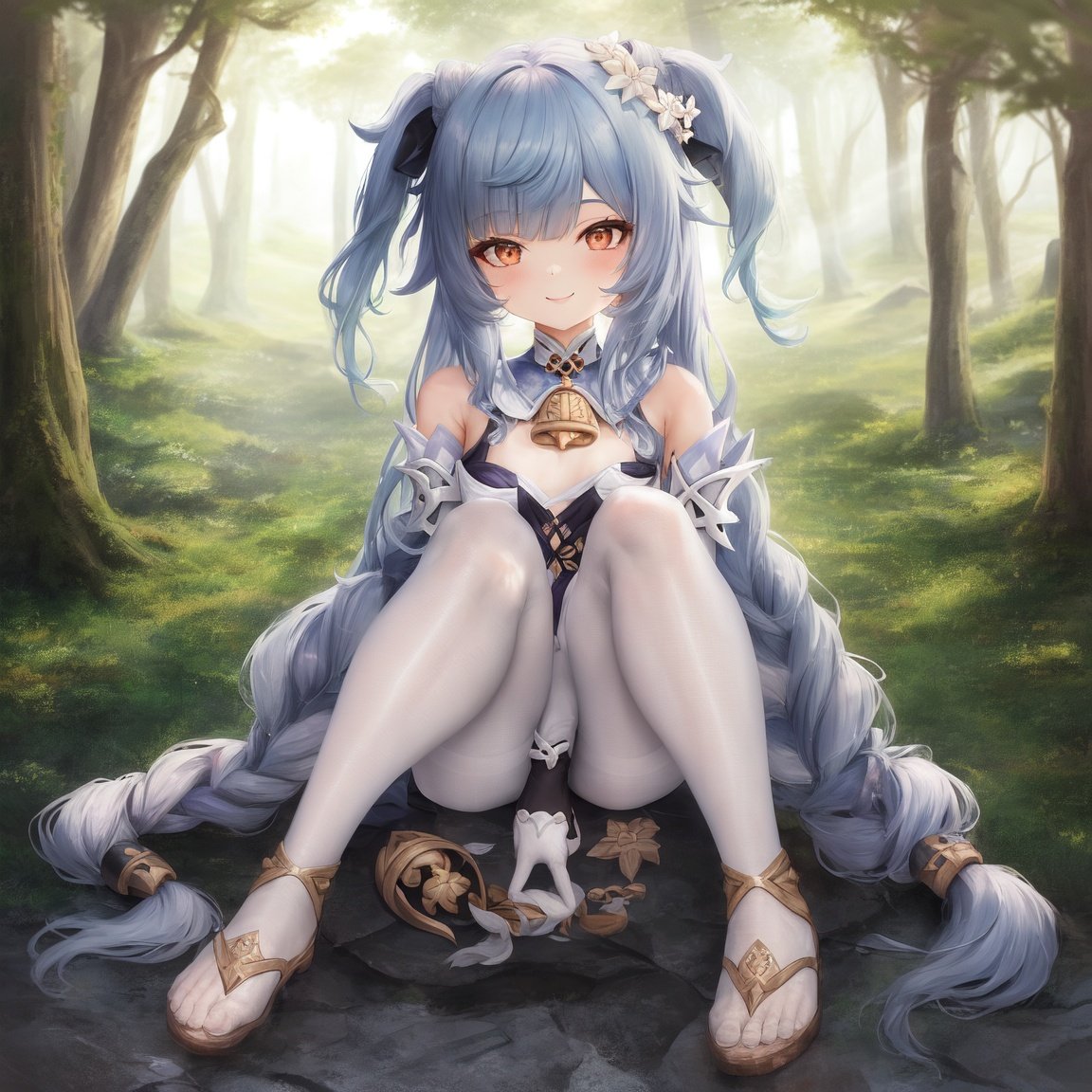Image of 1girl, full body, flat chest, smile, long hair, diona (genshin impact), pantyhose, forest