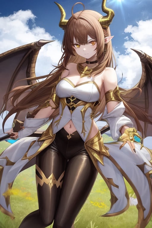 Image of Girl, gold horns, gold dragon wings, chromia, appropriate clothes, brown hair, pointy ears, space power, daytime, snake tatoo, choker, quiver, meadow setting