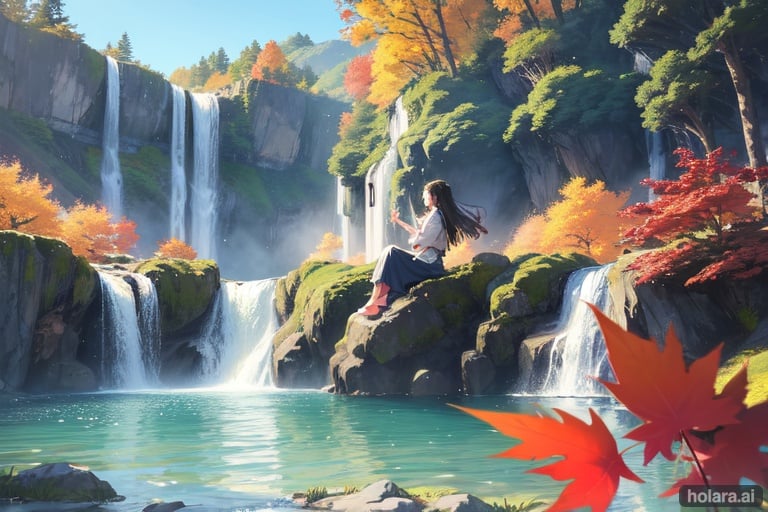 Image of beautiful landscape, dream+, floating maple leaves+, wind+,  dreamlike, waterfall, 1 girl watching the horizon