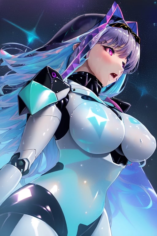 Image of 1 human girl, big hip, (big breasts with covered nipples)+++, (hologram+ mecha heavy armor)++++, on (psychederic+ latex skinny shiny glossy suit)++++, from side view below, orgasm+++, ecstasy+++, wet++++, live juice,