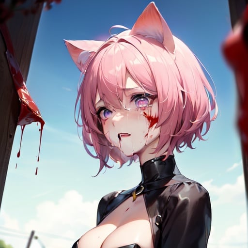 Image of masterpiece++, ultra-detailed++, 1girl, (cat ears)+++, pink purple hair, purple eyes+++, short hair, twiltails, crying++, sad+, half body, summer, beautiful eyes+++, perfect eyes, medium breast, punched, one red sclera, nose bleeding+++, dressed+++, one-eyed, blood++, futuristic background, dead++++