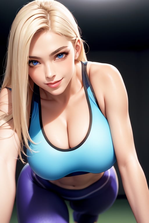 Image of +++++++ beautiful face, +++++ glossy lips, , ++++++ blue eyes, breasts, ++blonde hair, ++view from torso up, ++smiling, +++++++full lips, ++++(stretched sports bra), ++++yoga pants,