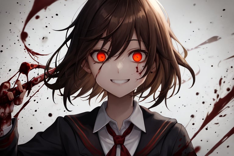 Image of 1girl, brown hair, crazy eyes, crazy smile, blood, bloody clothes, school uniform, axe, horror (theme)