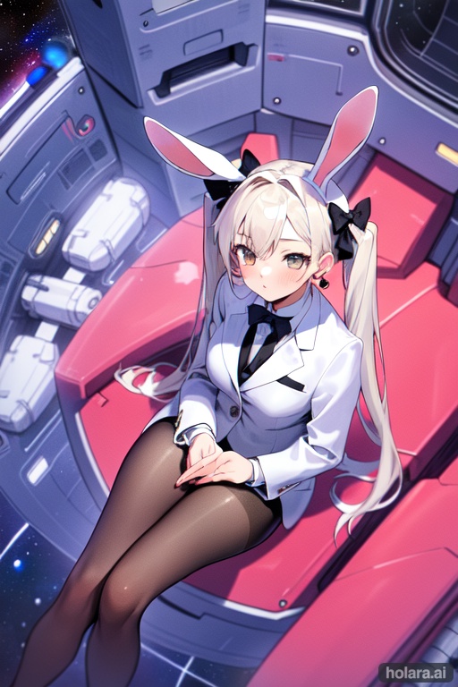 Image of 1girl, solo, sitting, crossed legs, (from above)++, hair bow, twintails, rabbit ears, suit+, pantyhose, earrings, space
