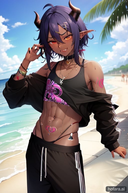Image of 1boy, darkskinned, incubus, sweating, fangs out, smug expression, beach, sweater, sweatpants pulled down shoulder length hair, horns, succubus tattoo
