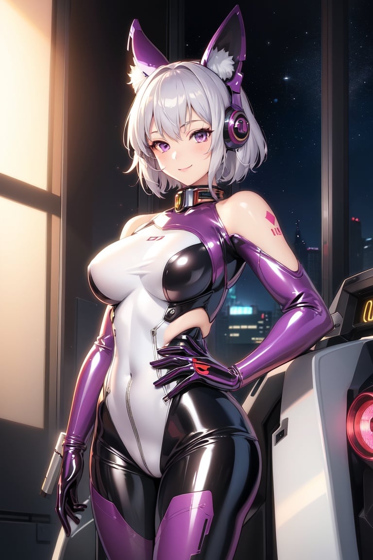Image of best quality, ultra-detailed, high resolution, extremely detailed cg, anime picture,SF, 1mecha girl, solo, silver hair, short hair, light purple eyes, machine ears, smile, latex++ wear, latex++ fablic,