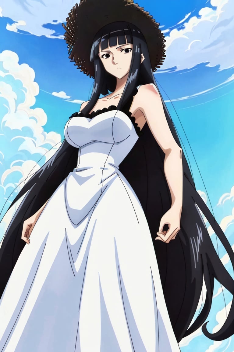 Image of (super quality,unity 8k wallpaper,official)+,2d cel anime+++,super detailed skin,Super shiny skin,gigantic breasts,(straw hat,White sundress)+, ,,(blunt bangs,long hair,black hair)++,(Black eyes,expressionless)+++,standing+ ,from below,outdoor++,