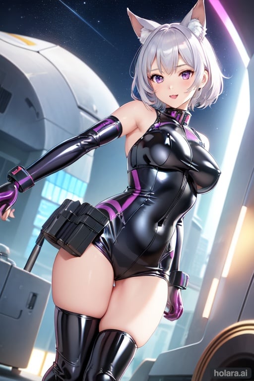Image of best quality, ultra-detailed, high resolution, extremely detailed cg, anime picture,SF, 1mecha girl, solo, silver hair, short hair, light purple eyes, machine ears, smile, latex++ wear, latex++ fablic,dark rook , open mouth, simple background, intricate detail