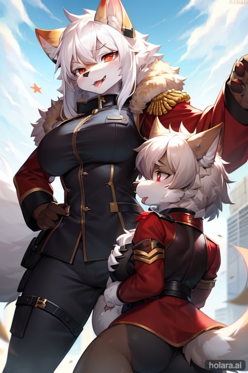 Image of 2girls, fighting stance, from below, white hair, chromia, grey eyes, red eyes, tongue out, (military uniform)+, zipper, gles, detached sleeves, outdoors