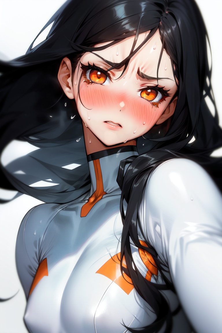 Image of Beautiful face of a girl with long black hair and orange eyes, Mascara, blush, hero white suit, heroic pose, sweat, little chest