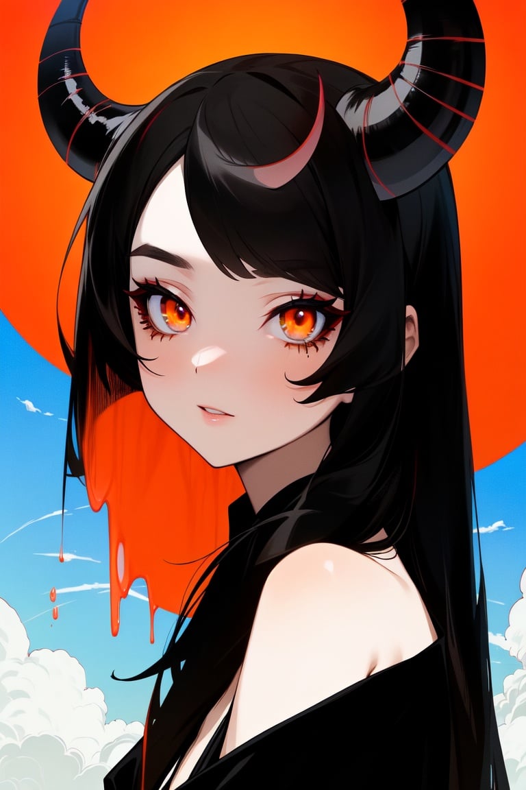 Image of 1woman, perfect face, perfect orange eyes, black long hair, little demon horns, normal clothes, sky, red cheeks, eyeliner, mascara, very little horns