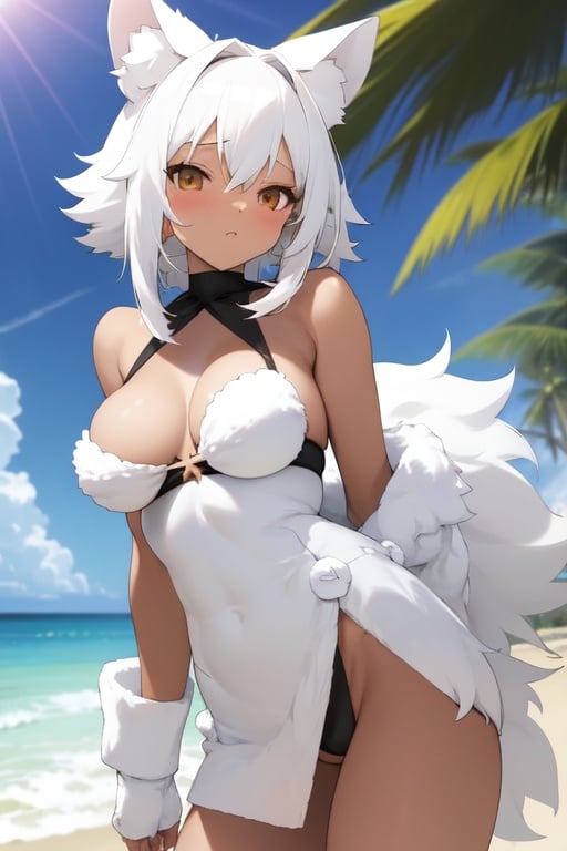 Image of furry, white hair, , sunny day, beach,