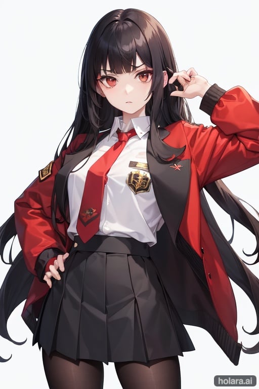 a pale-skinned girl with long black hair with spiky ends and brown eyes She also wears the uniform of the Hayakkaou Academy: a red jacket with black trim, patch cuffs and collar, a white button down shirt, a dark pleated skirt, a tie, and black and gray tights
