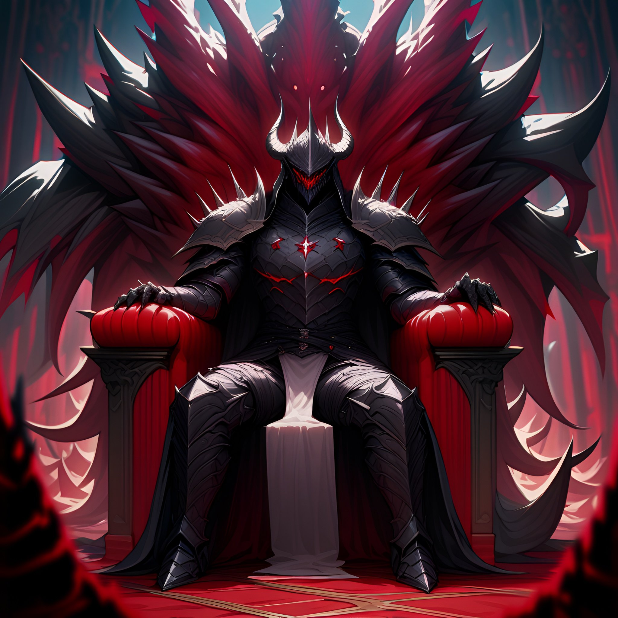 1man, solo, standing, demon, horns, demons armor++, cool armor+++, cool helmet++,  fantasy+++, demon lord+++++, sitting on the throne, 4k, 8k, ultra-detailed, high quality, high-detailed, cool throne++, power throne++,