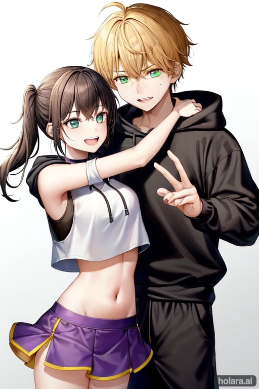 (1 girl)+++, (1 boy)+++, (cheerful smiley girl)++ with a croptop and a skirt (hugging)++ an (annoyed boy)++ with a hoody and baggy pants