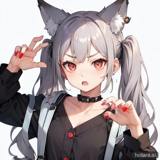 1girl, solo, claw pose, grey hair, black eyes, scared, twintails+++, spiked hair, fox ears, pajamas, suspenders, earrings, forest