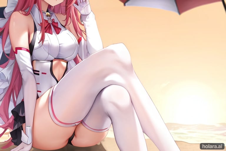 Image of 1girl, solo, high quality, sitting, crossed legs, ahoge, cat ears, suit, detached sleeves, beach