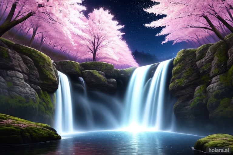 Image of Waterfall, night sky, cherry blossoms, fantasy, no people++, best quality, masterpiece+++, cinematic lighting, illustration, light effect, (ultra-detailed)++