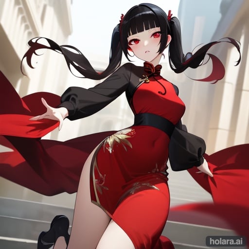 Image of (masterpiece), best quality, expressive eyes, perfect face, 1girl,full body,(detailed face:1.2), masterpiece, fashion, red chinese dress,medium hair, black hair, twintails, blunt bangs, red eyes, outdoors