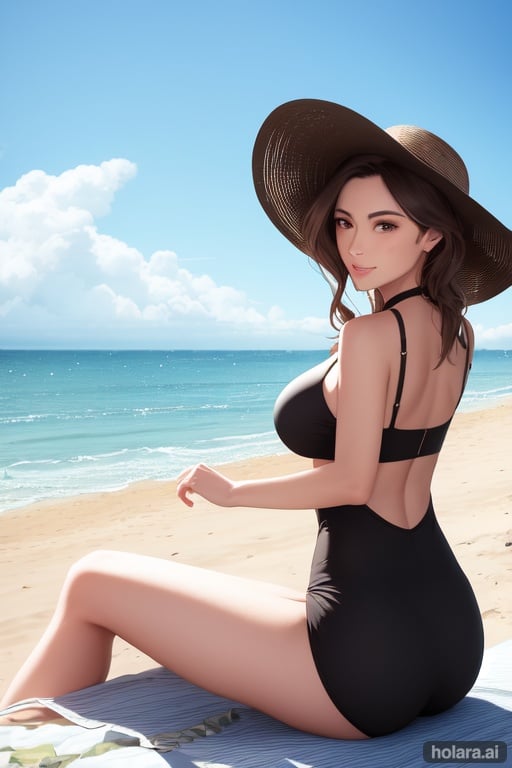 Image of lady with a flat chest at the beach