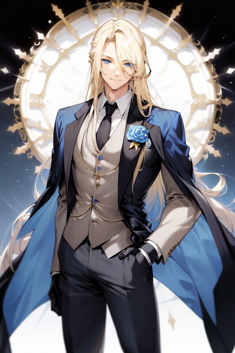 Image of Man, blond hair, blue eyes, smile, suit, long hair,  male focus, 1 male, straight hair,