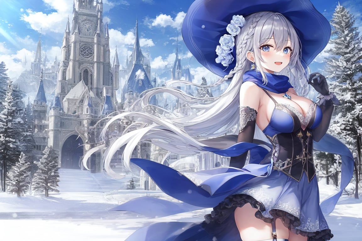 Image of :D, from side, long hair, long sleeves, sky, hair ornament, eyebrows visible through hair, blue eyes, dress, silver hair, ribbon, snowing, hat, bow, hair between eyes, gloves, thighhighs, original, bare shoulders, very long hair, cleavage, outdoors, snow, scarf, intricate detail, cute, jewelry, fantasy, cloud, thighs, white theme, tree, scenery, day, sidelocks, side braid, braid, witch, witch hat, frills, frilled dress, wind, floating hair, light rays, illustration, concept art, garter straps, building, tower, looking at viewer, happy, ornate, earrings, jewelry, lace