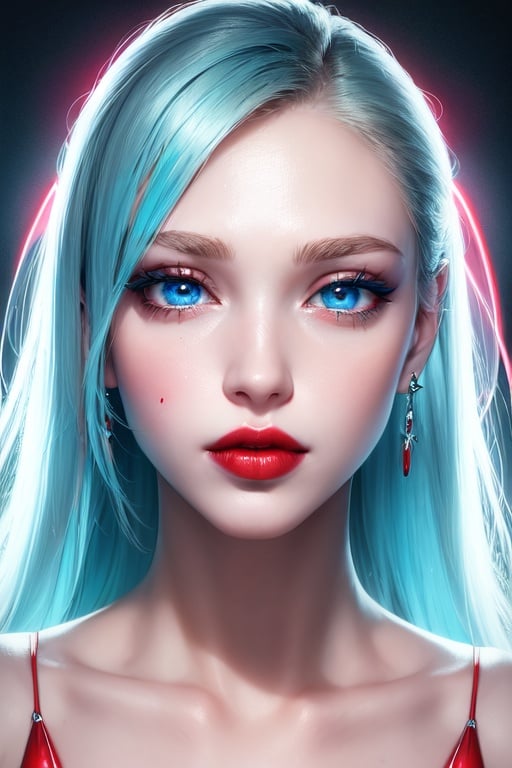 Image of Beautiful face, (beautiful lips)++, close up, dripping lips, (blood red lips)+,( pastel dress)+, (neon blue eyes)++, (super oily skin)++, (thin eyebrows)+