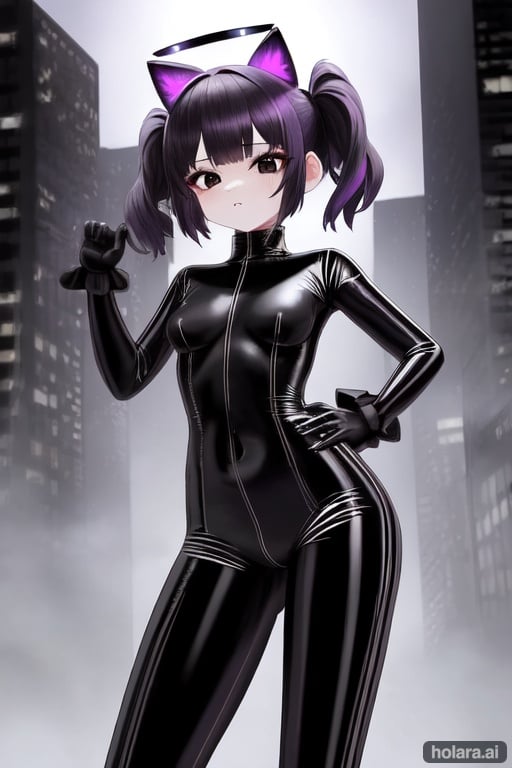 Image of Loli, very black eyes, very black, retro style, ultra latex, dark city background, high quality, detailed, detail, in full height, loli, little, very small tits, very small boobs, black eyes, purple hair with a pigtail, with a halo on her head, ultra high quality, ultra detailed, 