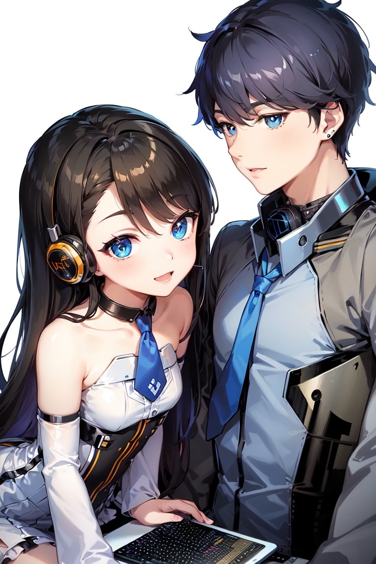 Image of (plastics dress)+++++, (hetero couple, gentle man)+++, (middle breast)+, (cyborg mecha girl, impossible clothes)++, (stylish angle)++++, (necktie)+++, jitome, (typography industrial Design headphone)++++, (future (computer)+++ cityscape)+++, (cute loli)++, (cropped bangs)---, (braided bun)--, (drill hair)--, (lower bobbed hair)++, braid, (Twin tail)+++, (pony tale)+, (look at viewer)+++, (open mouth smile)+++, ((((((((in heat, wide eyes, blush))))))))), (detached sleevs, very wide sleeves)++++++, (mecha school uniform)+, (blue mecha corset miniskirt)++++++, (((((((((erectile bare nipples)+++, (nsfw)+)))))))), (1 cyborg android middle chest loli)++++, (masterpiece, (excellent finely detailed, best quality), ultra-detailed), (stylish angle)+, (gleaming skin)+++++, glow eye, (eyes highlight)++++, tsurime, ((((choker)))), (black gloves, slobber, material texture), (beautiful light effect)+++++, (beautiful scene)++++++,