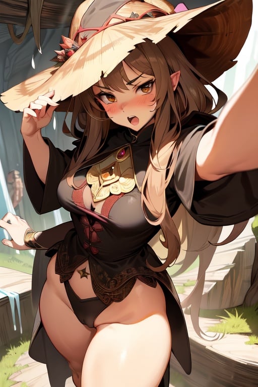 Image of  (masterpiece, best quality, illustration)++, beautiful detailed girl, ultra-detailed++, from above, dramatic angle+, wizard, wizard hat, dark clothes, robe, standing, wide stance,  cave+++, brown background, stalactite, breasts, shrugging++, open mouth, angry, brown theme, petite, thick thighs+++, extremely thick