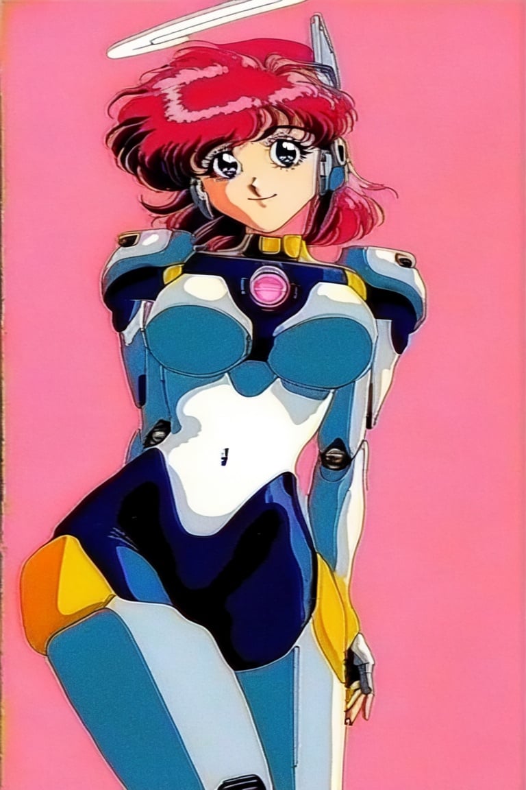Image of (retro artstyle)+++, 1990s (style)+++, 1990s+++, masterpiece, highres++, best illustration++, beautiful detailed eyes, ultra detailed+++, 1girl, solo, female focus, short pink hair, messy hair, cyborg girl, mecha musume, mechanical halo, pink cyborg armor, headgear, smile, dynamic pose, dynamic angle, looking at viewer, pink background, pink light 