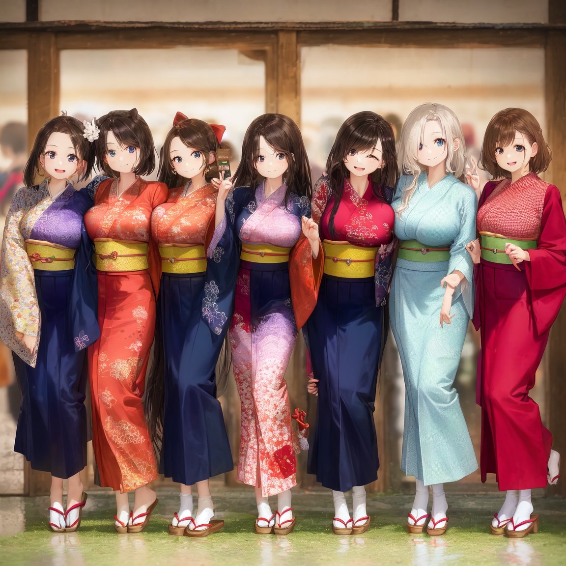 Multiple women with Japanese traditional clothes.
