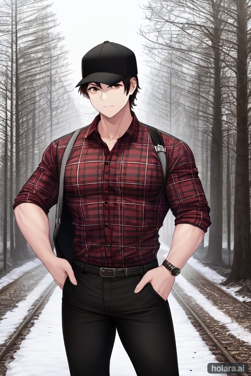 Image of a boy, stocky, with brown hair, brown eyes, black pants, red plaid shirt, wearing a lumberjack hat