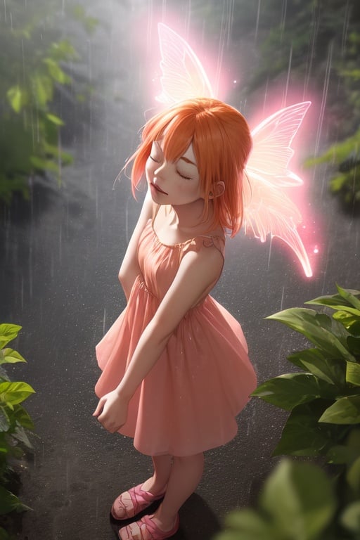 Image of 1girl solo, orange hair, pink eyes, standing in the rain, head facing up, eyes closed, mouth open, pink fairy wings, pink summer dress