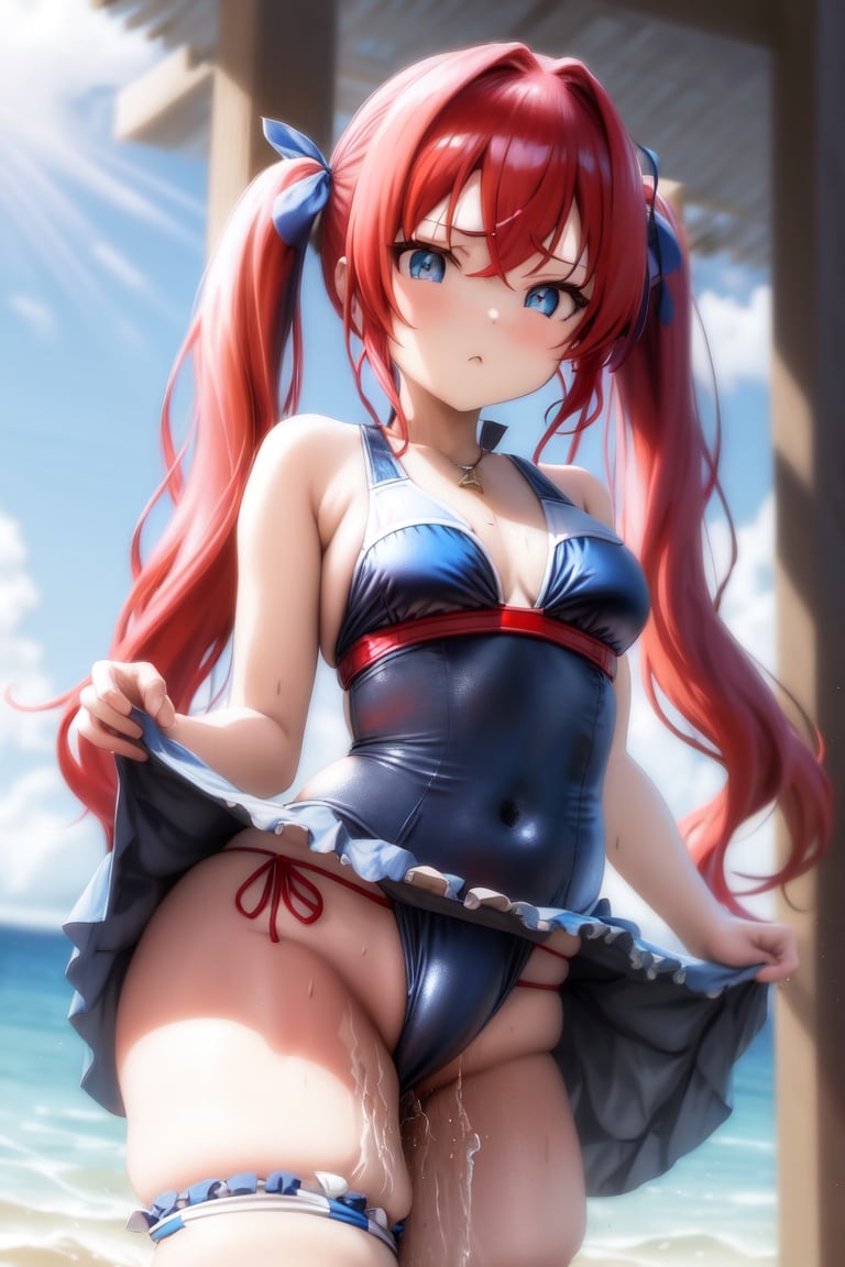 Image of swimsuit,blue eyes,twintails,red hair,from below,1girl,sexually++