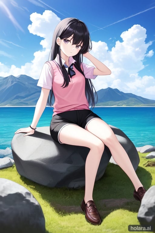 Image of polo shirt, shorts, sitting on rock, sitting, pink shirt, mountain, car, knees apart feet together, hand on head, looking at viewer, bored, long hair, sweater vest, short sleeves