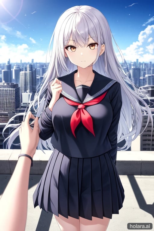 Image of cityscape, pov, sshiny hair, white_hair/white_eyes, young girl,see-through serafuku,