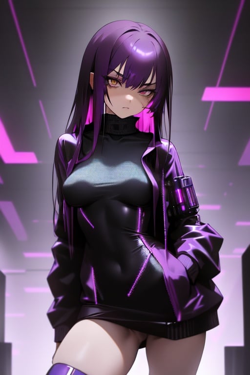 Image of 1girl, hypnotic+, brown eyes++, purple hair, long hair, mesmerizing, staring, dominant++, charming++, pullover, night, long sleeves, expressive eyes+++, looking at viewer, cyberpunk+++, boots, mature+++, harsh, small breast